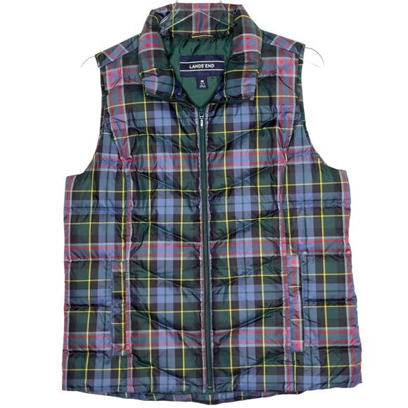 Lands End M Puffer Down Plaid Vest Tartan Navy Green Outdoor Preppy - Picture 1 of 9
